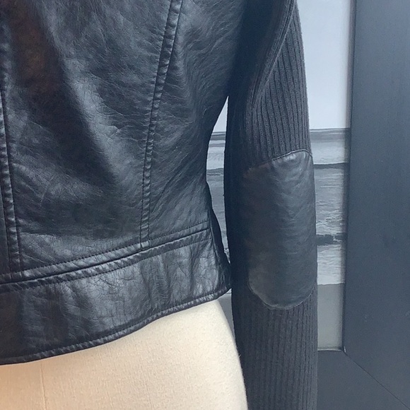 Neu Look Black Faux Leather Cropped Knit Sleeves Motorcycle Jacket Sz M - Picture 9 of 12